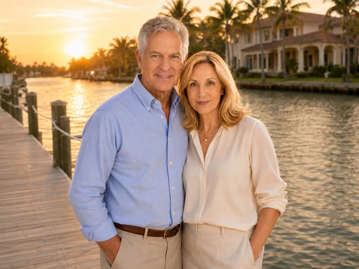 A retired couple on a dock along the Intracoastal Waterway at golden hour, waterfront home behind them